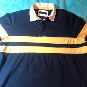 Rountree & Yorke navy rugby shirt with yellow chest stripes. XL